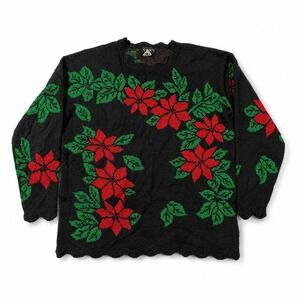VTG CENY Black Poinsettia Metallic Knit Scalloped Sweater Womens M Y2K Holiday